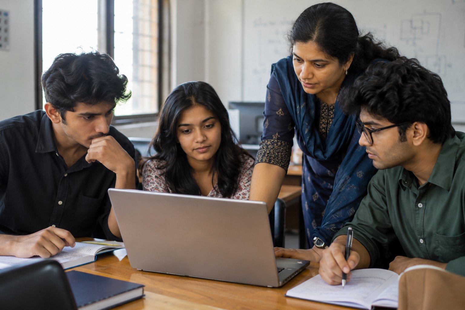 An instructor guiding a small group through a project