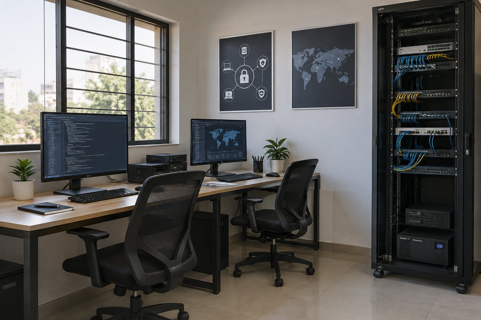 An illustrative technology lab with workstations and network equipment